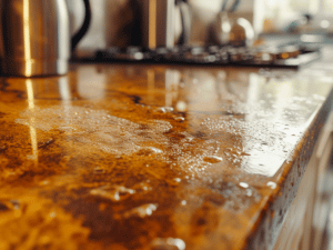 Close-up of a wet, stained brown granite kitchen countertop with droplets and reflections in the surface.