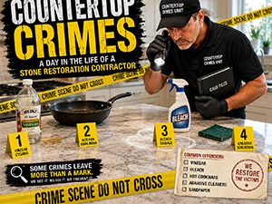 Infographic titled 'Countertop Crimes' showing a stone restoration contractor at a workbench with numbered crime signs and a checklist of offenses used to educate homeowners.
