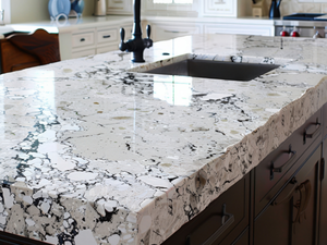 Kitchen island featuring a white granite countertop with black veining and an undermount sink with a black faucet.
