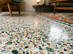 Low-angle view of a colorful terrazzo floor with green, orange, and black chips in a living room.